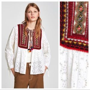Zara White Eyelet Blouse with Red Embroidered Yoke
